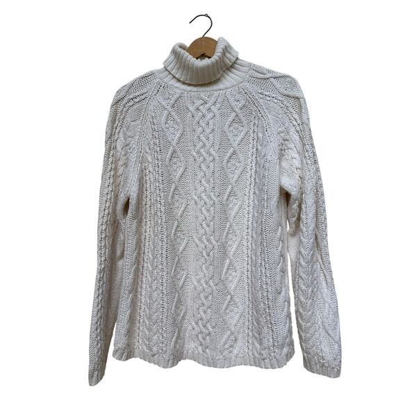 L.L. Bean Cable Knit Turtleneck Sweater Cream Cotton Size M - Picture 1 of 5